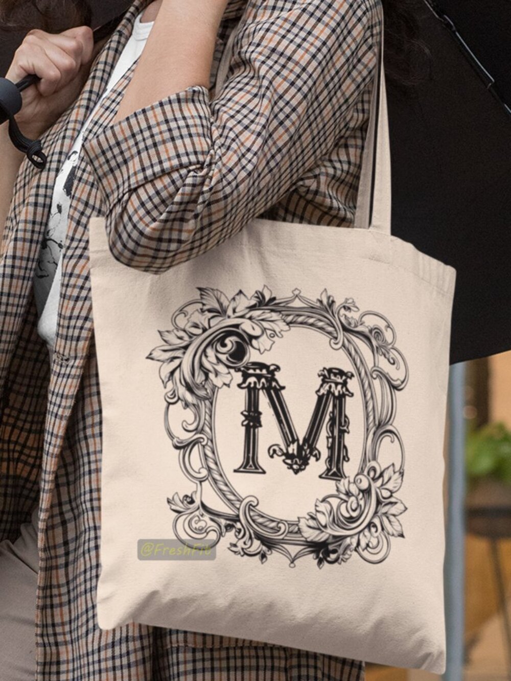 🆕Letter M Ornate Initial Natural Canvas Tote Bag